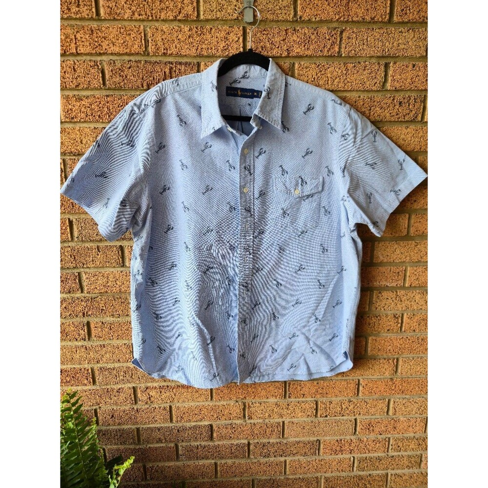 Ralph Lauren Men's XL Short Sleeve Button Down Shirt Blue Lobster Print Cotton